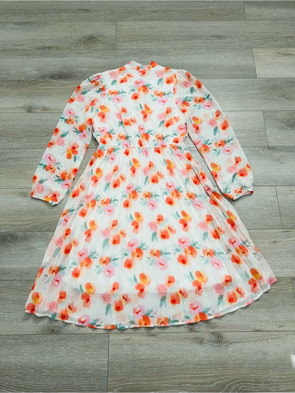 Lark + Grey Tie-Neck Floral Midi Dress in White with Pink & Orange Print - Picture 3 of 9